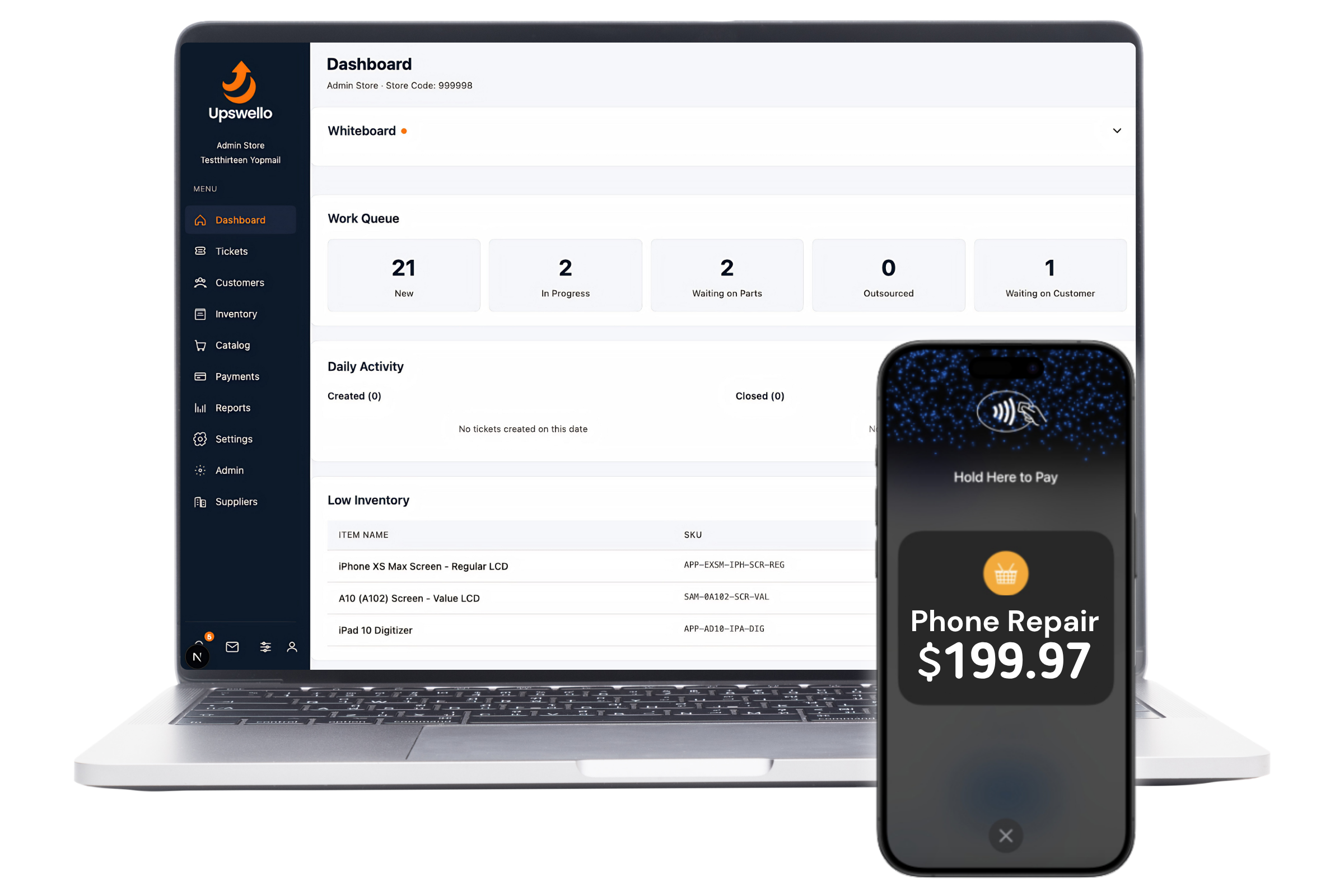 Upswello dashboard and Tap to Pay on iPhone for phone repair shops